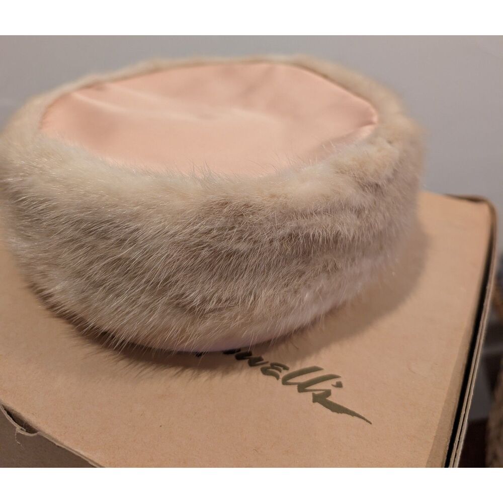 1965 Noreen Pillbox Hat w/ Veil • Satin & Fur‑Like Trim • Box + Receipt